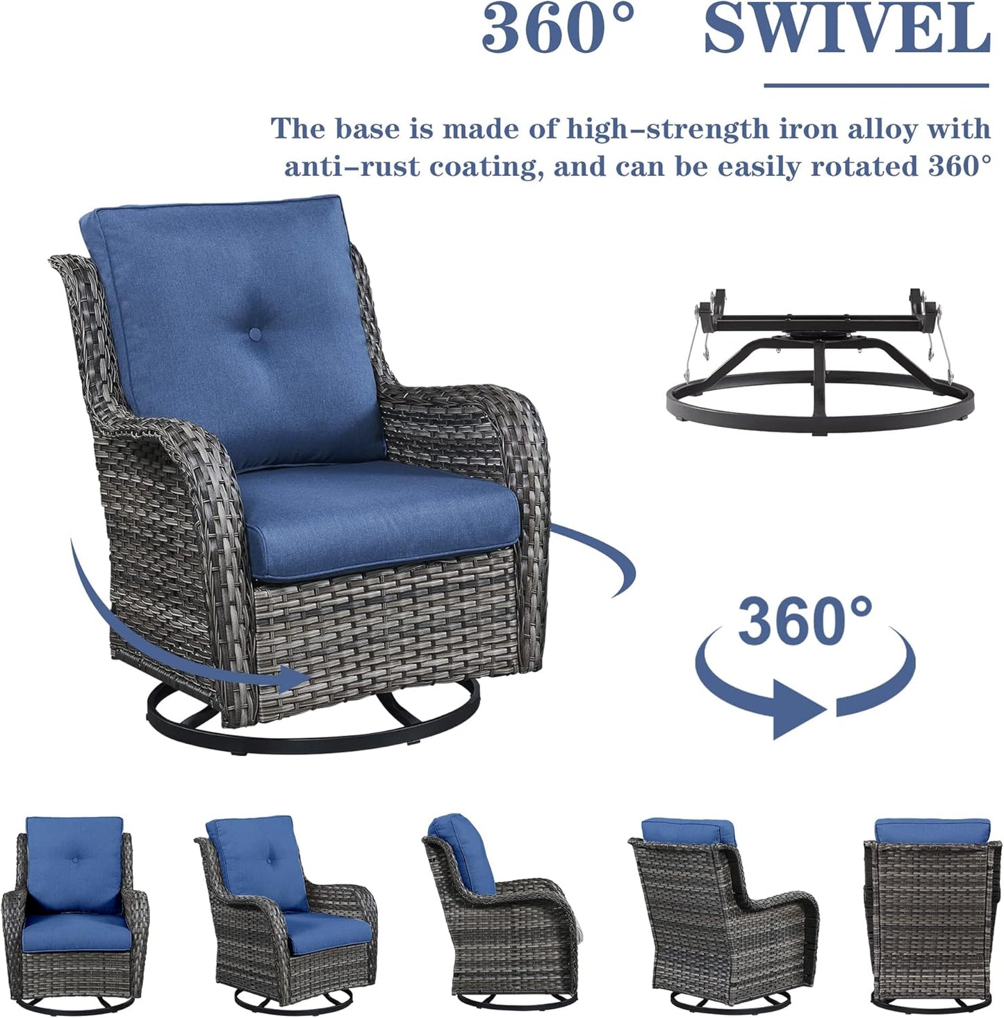 Outdoor Patio Furniture Set with 50000BTU Propane Fire Pit Table, 4 Pieces Wicker Patio Conversation Set with 2 Swivel Rocker Glider Chairs Rattan Sofa Blue Cushion Perfect for Casual Gathering