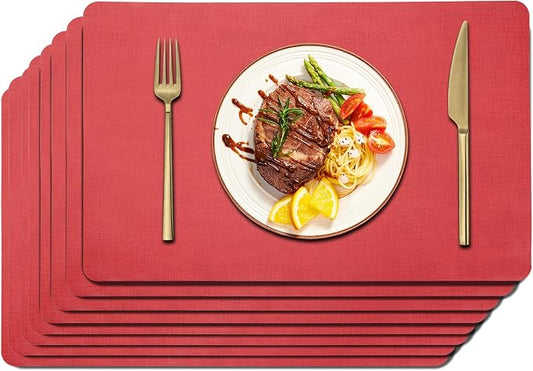 Maxpearl Faux Leather Placemats Set of 8 - Waterproof - Wipe Clean - Heat Resistant - Anti Slip Dining Table Place Mats, Suitable for Indoor & Outdoor Use, 17’’×12’’, Light Red