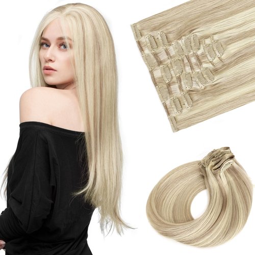 Sassina Straight Clip ins Remy Human Hair Extensions Golden Blonde to Medium Blonde Human Hair Extensions Clip ins 16 Inch Clip in Extensions Real Human Hair 8 Pcs 120 Grams #P16/22