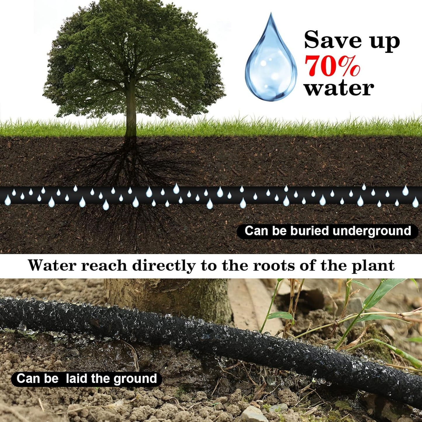 Soaker Hose 150 FT Pro for Garden Beds 1/2 Inch Rubber Longer Lasting Drip Irrigation Save 70% of Water Various Accessories Great for Lawn and Yard