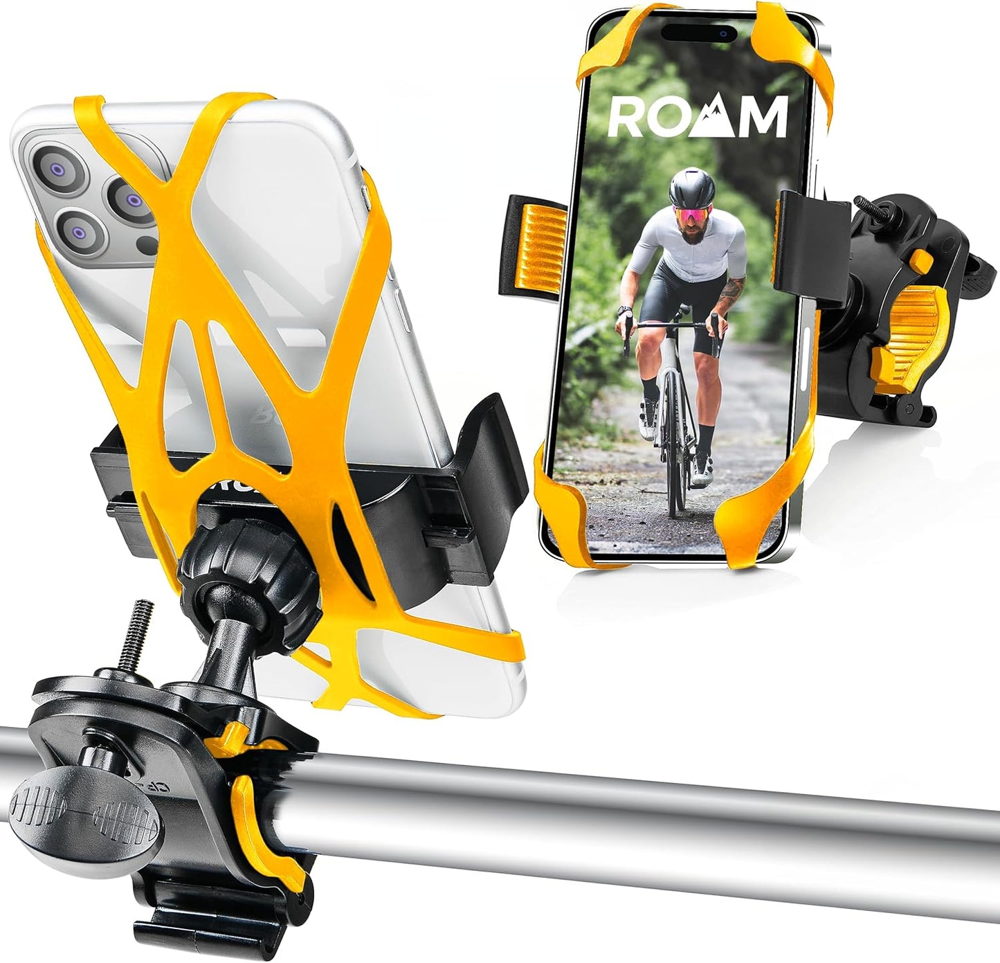 Roam Universal Cell Phone Holder Net Mount - Adjustable Up to 3.6" W x 7"" L - 360° Rotation - Hands Free Navigation System for Motorcycle eBike Dirt Road Cruiser Scooter - Orange"