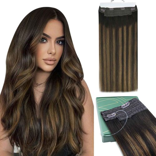 Ugeat Wire Hair Extensions Human Hair Brown Remy Invisible Wire Hair Extensions Balayage Dark Brown Mix Chestnut Brown Real Human Hair Extensions for Women Silky Straight 80g 18 Inch
