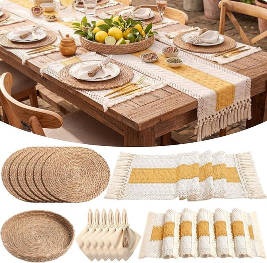 6 Sets Boho Decoration Placemats Round Woven Placemats, Cloth Napkins, Wood Bead Napkin Rings, Long Table Runner and Farmhouse Burlap Cotton for Table Kitchen (Yellow,12x72)