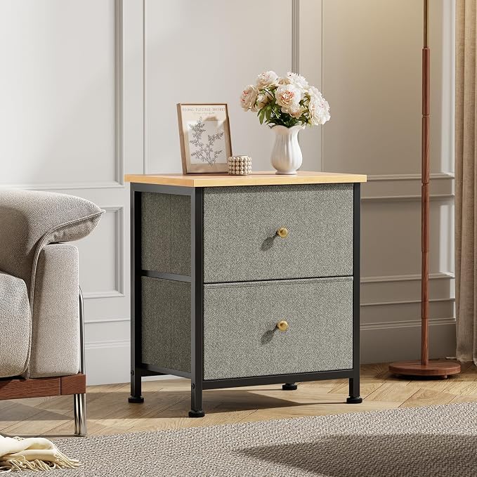DUMOS Nightstand Small Dresser with 2 Fabric Drawers Side Tables Bedroom End Table Kids Bedside Storage Furniture for 20 inch Tall Night Stand for Closet, Entryway, College Dorm, Ink Green
