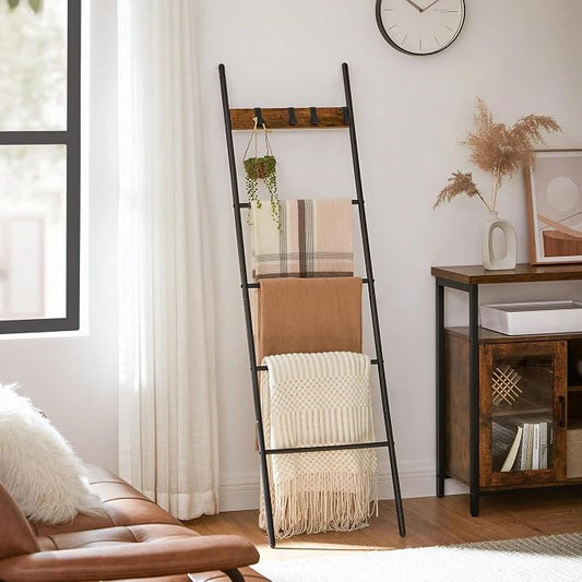 Blanket Ladder, 5-Tier with 4 Removable Hooks, Steel and Particleboard, Black, 17.3x63 Inch, Anti-Tip Kit Included