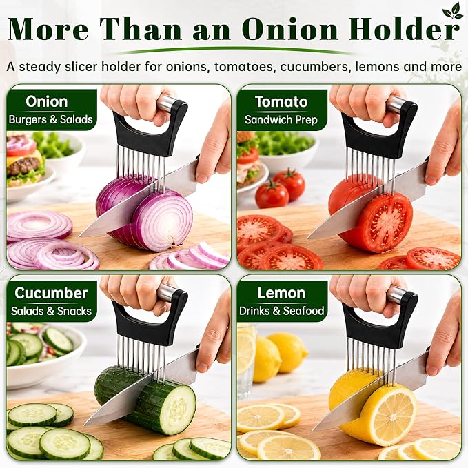 Onion Slicer, Stainless Steel Onion Holder for Slicing with Protective Cover, Onion Cutter Tool, Food Slicing Guide for Kitchen, Tomato, Potato, Lemon, Meat, Avocado, Egg, Fruit