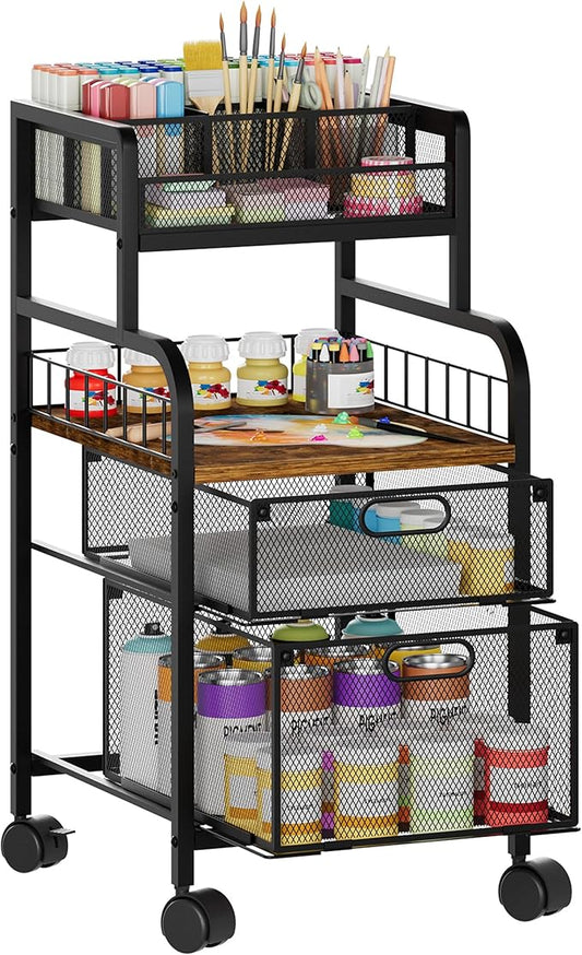 SWTYMIKI Rolling Cart with Drawers - Metal Craft Cart with Wheels, DIY Divider and Wood Shelf, Art Supply Organizer for Under Desk Storage, Utility Storage Cart for Home Office Studio, Espresso