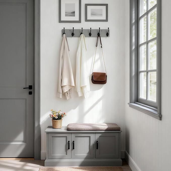 WEBI Rustic Coat Rack Wall Mount,24" Long 6 Cast Iron Coat Hooks Wall Mounted,Heavy Duty Wood Wall Coat Hanger Hooks for Hanging Coats,Jacket,Clothes,Backpack,Farmhouse,Gray,2 Packs