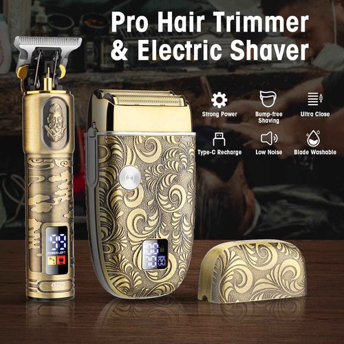 Suttik Professional Hair Clippers and Electric Shavers Set, Beard Trimmer for Men Electric Razor Beard Grooming Kit Hair Trimmer with 2 Foil Head and Limit Combs, Gift for Men,Bronze
