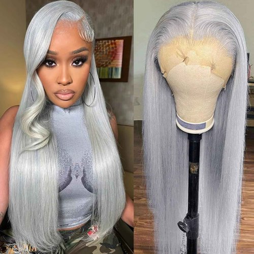 Mscathy 200% Grey Human Hair Wigs Straight 13×4 UHD Transparent Pre Plucked Pre Cut Gray Lace Front Wig Virgin Human Hair Glueless Lace Front Wigs for Women 18 Inch