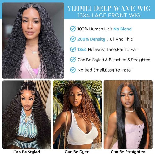 Deep Wave Lace Front Wigs Human Hair Deep Curly Human Hair Wig 13x4 Hd Transparent Frontal Wigs 200% Density Glueless Wigs Curly Wave Wig for Women Pre Plucked with Baby Hair Natural Color(18 Inch)