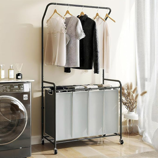 ROMOON Laundry Hamper Sorter Cart: 4 Section Organizer with Hanging Bar and Heavy-duty Lockable Wheels | 180L Rolling Laundry Basket with Clothes Rack in Laundry Room or Small Spaces (Grey)