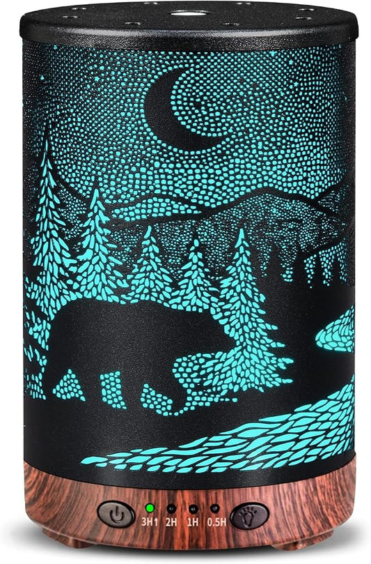 Essential Oil Diffuser 120ML Metal Aromatherapy Diffuser with Timer, Cool Mist Humidifier with Auto Shut-Off & 7 Color Lights for Home Office Spa(Wild Bear)