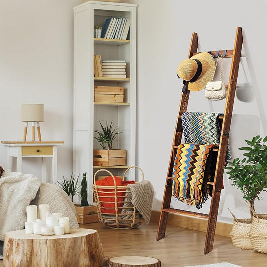 Decorative Wooden Blanket Ladder with Removable Hooks for The Living Room & Bedroom, Pine Wood, Easy Assembly 6-Tier Wall Leaning Rack Stand 68 inch for Displaying Blankets & Scarves, Brown