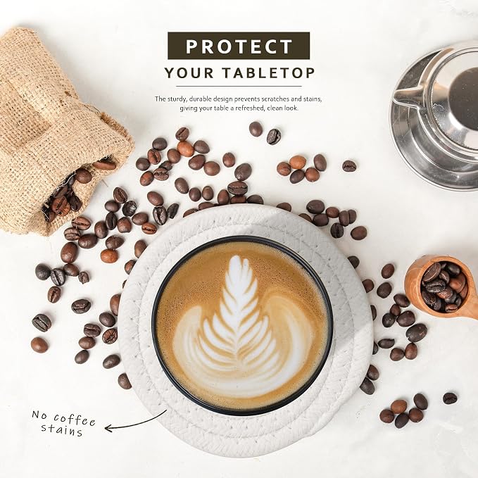 Lazebox Coasters Set of 8 for Drinks, 4 Inch Large Coasters for Coffee Table, Tabletop Protection for Hot & Cold Drinks, Versatile Coasters for Home Decor, Non-Slip & Easy to Clean, White with Coffee