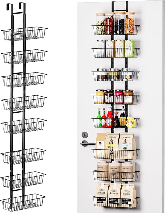 LUXEAR Over the Door Pantry Organizer, 8-Tier Adjustable Over the Door Hanging Spice Rack, No-Assembly Foldable Metal Over the Door Organizer for Kitchen, Home, Laundry Room, Bathroom