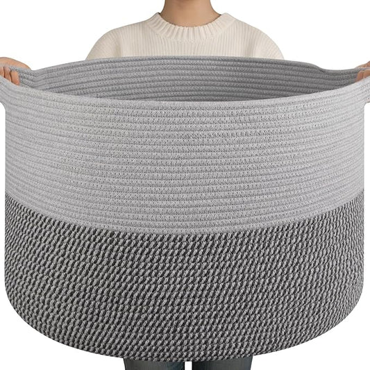 OIAHOMY 90L XXXLarge Blanket Basket for Living Room, 21.7" x 13.8" Woven Cotton Rope Laundry Basket for Organizing Pillows, Decorative Stuffed Animal Toy Storage for Nursery, Lighe Grey and Dark Grey