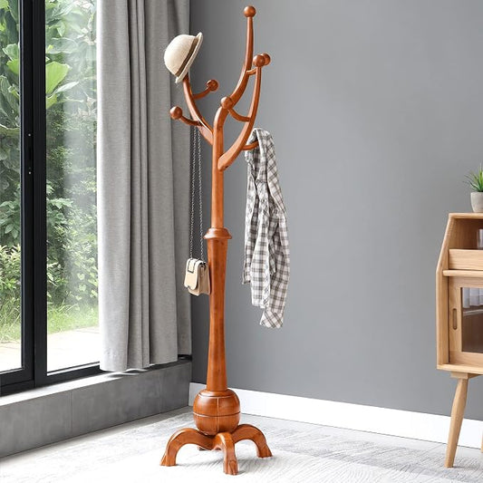 Coat Rack Freestanding Wood Coat Tree with Stable Sphere Base, Light Brown | 8 Hooks Tree Branch Design, Heavy Duty Standing Coat Hanger for Entryway, Hallway, Bedroom, Foyer; Hangs Coats, Hats, Bags