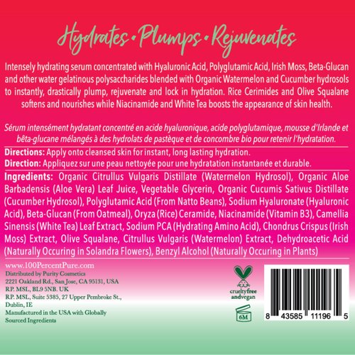 100% PURE Watermelon Cucumber Water Locking Serum for Face Moisturizing Glow Skin Care - Hyaluronic Acid Boost to Replenish Hydrate & Plump Dry Thirsty Skin, Vegan - 1.7 fl oz