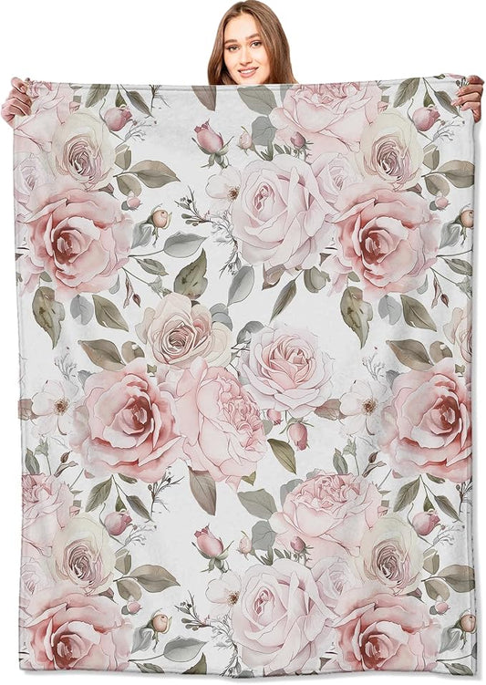 Floral Blanket,Vintage Pink Rose Throw Blankets,Birthday Gifts for Women & Flower Lovers,Lightweight Soft Fleece,for Picnic Sofa Couch Bed Room Travel,Modern Romantic Decor,50x60in