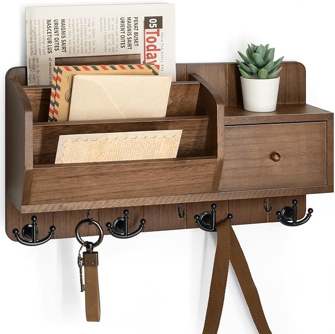 Rebee Vision Key and Mail Holder Wall Mount - Mail Organizer Wall Mount with Storage Hooks and Drawer for Modern Farmhouse Decor - Mail Organizer Wall Mounted for Rustic Apartment Essentials (Brown)