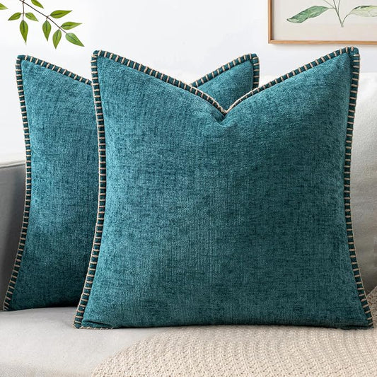 MIULEE Pack of 2 Couch Throw Pillow Covers 16x16 Inch Dark Teal Farmhouse Decorative Pillow Covers with Stitched Edge Soft Chenille Solid Dyed Pillow Covers for Sofa Bed Living Room