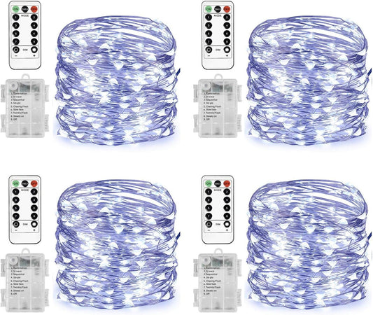 Homemory 4 Pack 20 Ft 60 LED Fairy Lights Battery Operated String Lights with Remote Waterproof 8 Modes Firefly Twinkle Christmas Lights for Party Bedroom Wedding Decorations(Cool White)