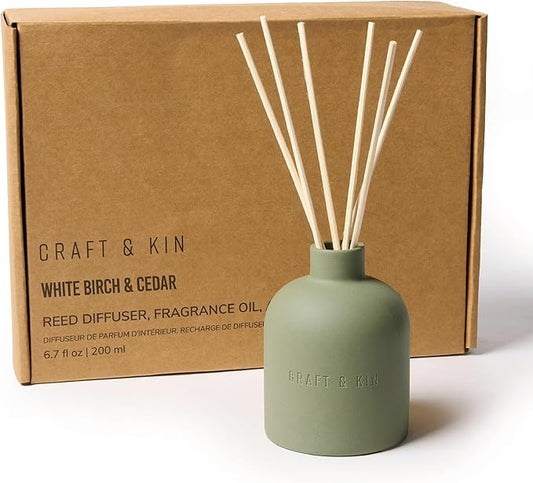 Craft & Kin White Birch & Cedar Reed Diffuser – Earthenware Collection, 6.7 oz – Alcohol-Free Essential Oil Diffuser for Home & Bathroom – Long-Lasting Fragrance Sticks – Ceramic Room Decor