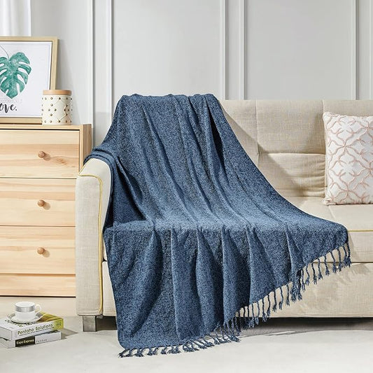 BOURINA Chenille Fluffy Throw Blanket with Decorative Fringe for Couch Cover Sofa Chair Blanket（50×60 Inches） Navy