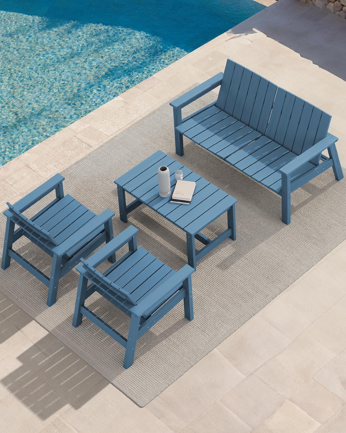 SERWALL Rectangle Outdoor Coffee Table, HDPE Patio Coffee Table, Navy