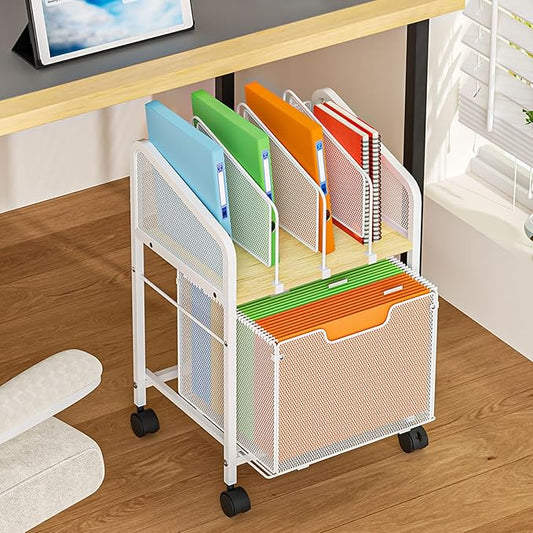 Tiaoheka Rolling File Cabinet with Adjustable Dividers, Mobile Filing Cabinet with Storage Drawer on Lockable Wheels, Hanging File Organizer Beside Under Desk for Office, Home, White（Patent Pending）