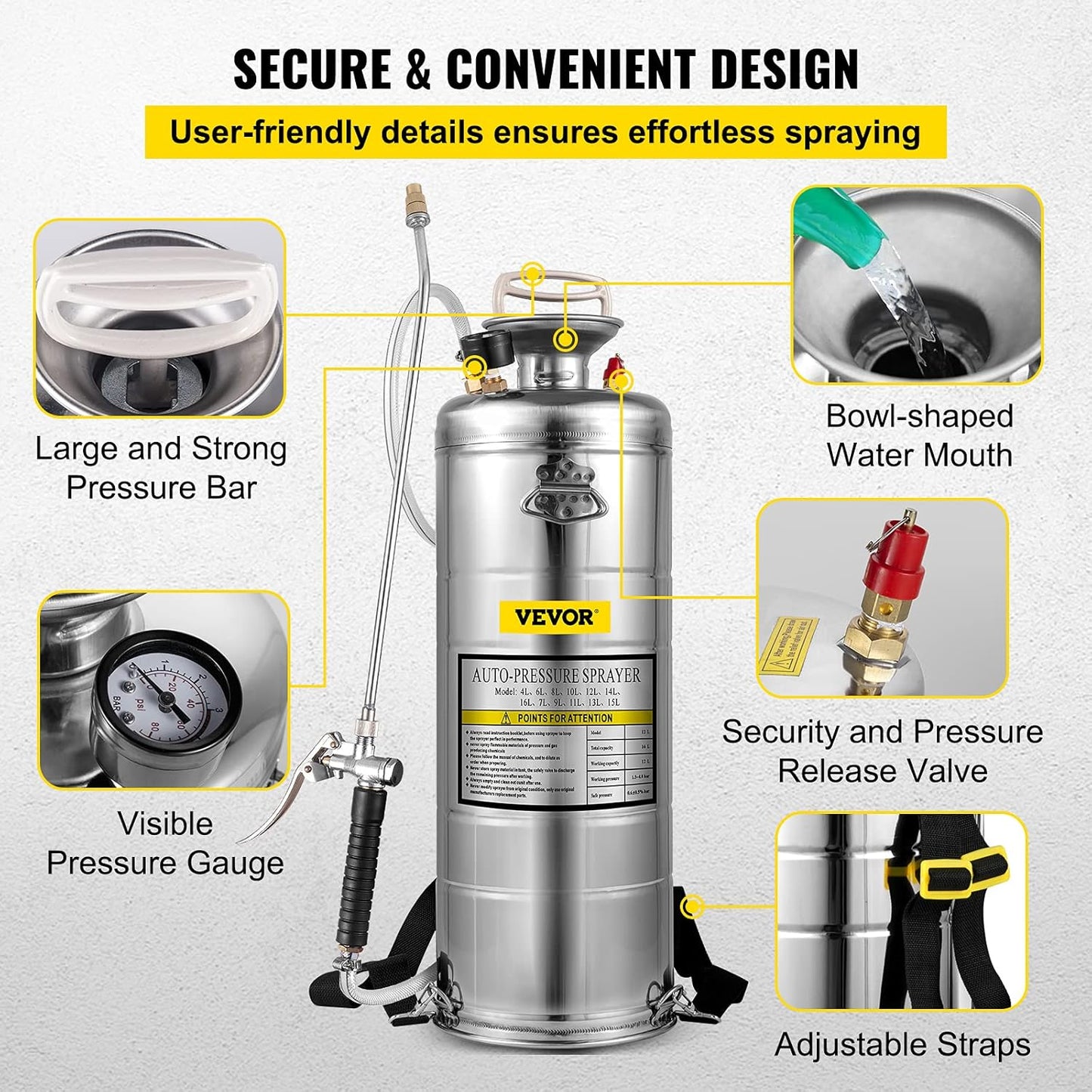 Happybuy 3.5 Gallon Stainless Steel Sprayer, 20" Wand & 3FT Reinforced Hose, Pressure Gauge, Safety Valve&Adjustable Nozzle, Garden Weed Pump Sprayer for Lawn, Gardening
