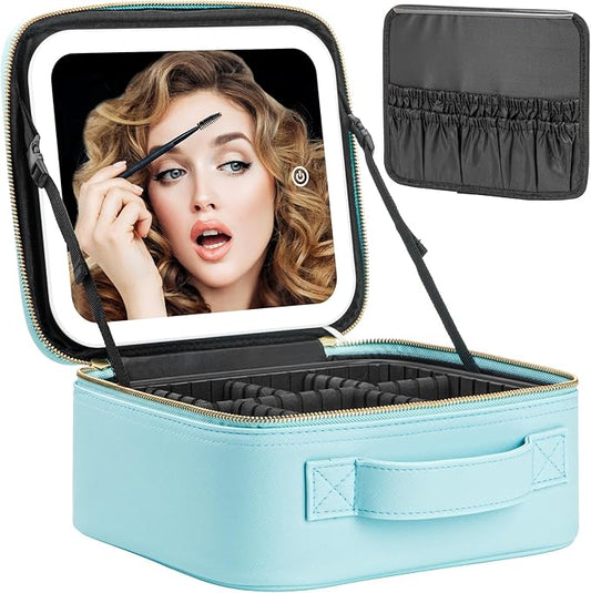 Extrei Gent Makeup Travel Train Case with Mirror LED Light 3 Adjustable Brightness Large Cosmetic Bag Portable Storage Adjustable Partition Waterproof Makeup Brushes Make up Jewelry Gift for Women