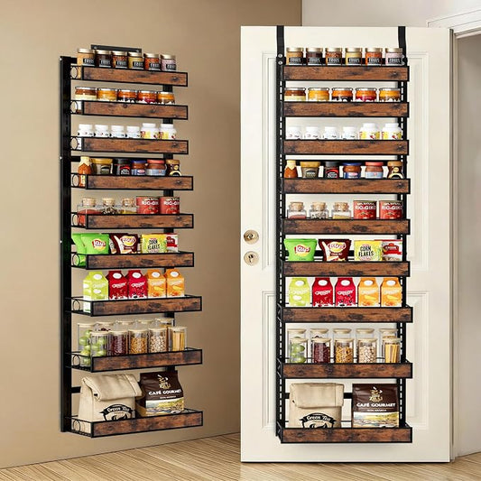9 Tier Over The Door Pantry Orangizer 2 IN 1 Wall Mounted or Hanging Spice Rack with Adjustable Wood Basket,Heavy Duty Seasoning Storage Shelf for Kitchen Pantry and Bathroom Black