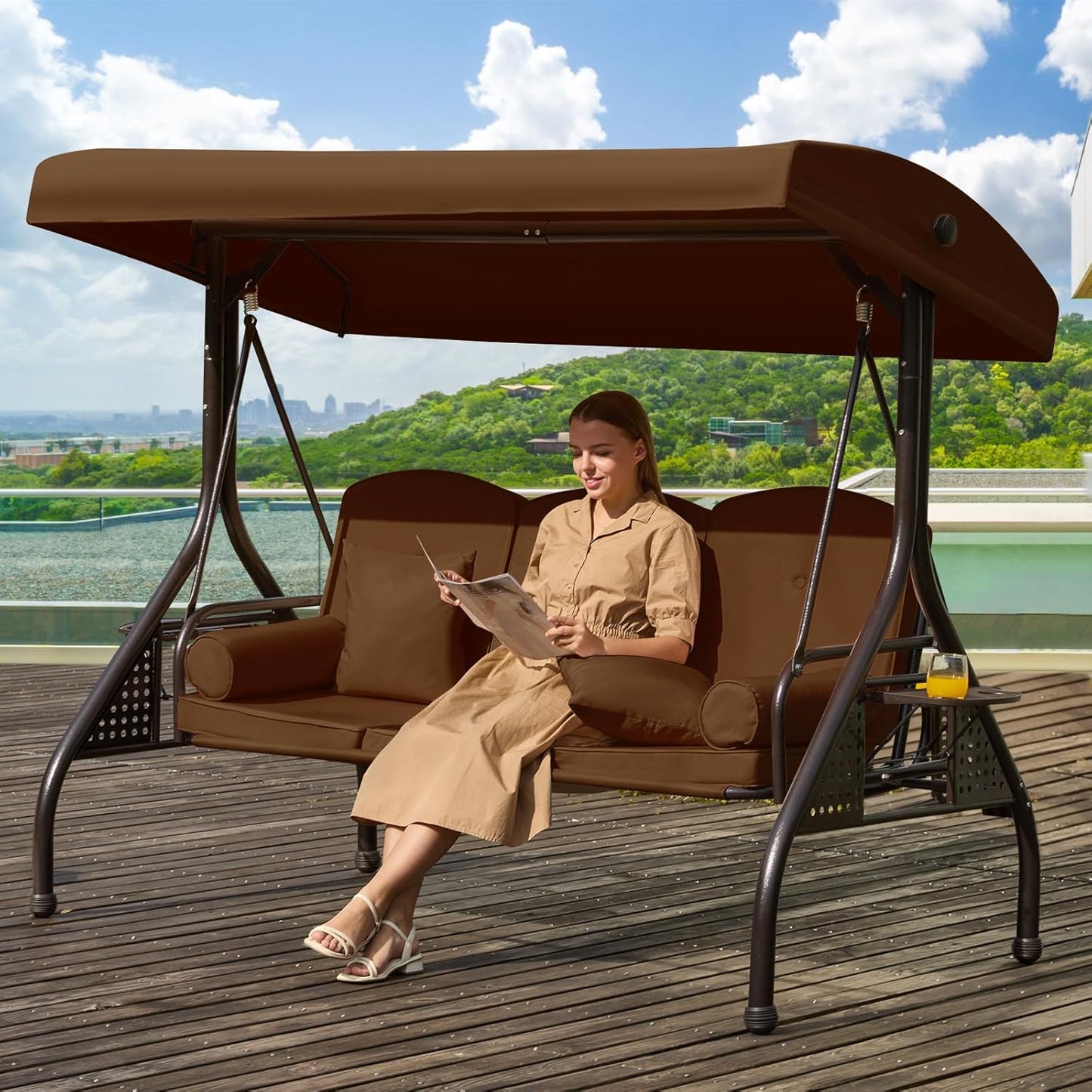 3 in 1 Patio Swing with Adjustable Canopy for Adults, 3 Seat Outdoor Swing with Thickened Cushions,Pillows & Cup Holders for Backyard, Porch, Garden (Brown)