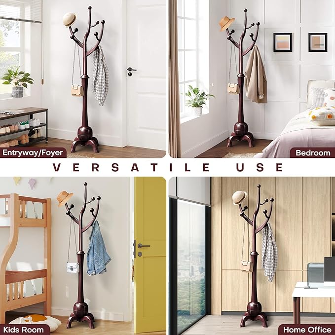 Bekrvio Freestanding Wood Coat Rack with Stable Sphere Base, Wine Red | 8 Hooks Tree Branch Design, Heavy Duty Standing Coat Hanger for Entryway, Hallway, Bedroom, Foyer; Hangs Coats, Hats, Bags