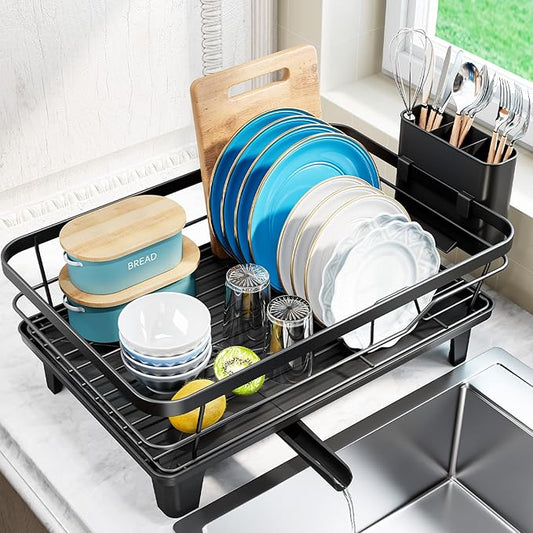 Urackify Dish Drying Rack for Kitchen Counter, Sink Dish Rack with Drainboard 12.2" W x 16.5" L, Large Dish Drainer with Cutlery Holder, Home Countertop Plate Dryer Storage Rack, Black