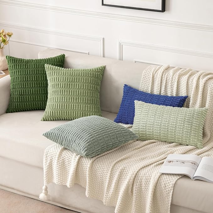 MIULEE Pack of 2 Spring Corduroy Decorative Lumbar Throw Pillow Covers 20x12 Inch Soft Boho Striped Pillow Covers Modern Farmhouse Home Decor for Summer Sofa Living Room Couch Bed Moss Green