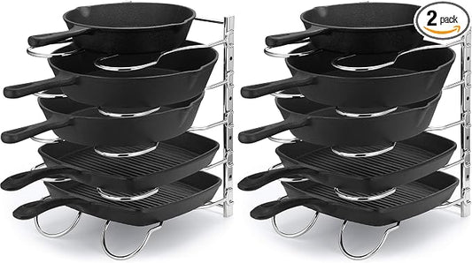 CAXXA Heavy Duty Pan Rack, Pot Lid Rack, Kitchen Cabinet Pantry Cookware Organizer Rack Holder with 5 Adjustable Dividers, Chrome (Pack of 2)