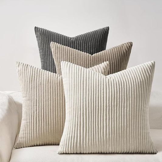 Topfinel 4 Packs Natural Decorative Throw Pillows Covers 18x18 Inch for Living Room Couch Bed Sofa, Rustic Farmhouse Boho Home Decor, Soft Plush Striped Corduroy Square Cushion Case 45x45 cm