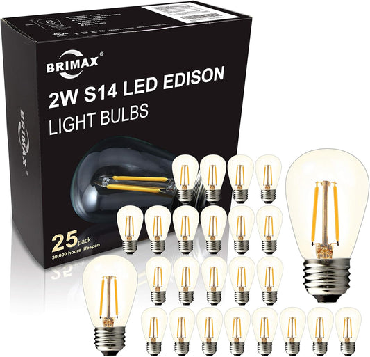 BRIMAX 25 Pack 2W S14 Replacement LED Bulbs,2700K Soft Warm White, Shatterproof Waterproof Outdoor String Light Bulbs Dimmable,E26 Medium Base,Plastic Edison Bulbs for Patio Garden