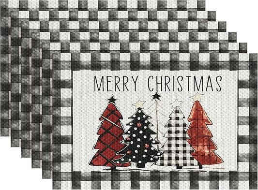 Aofmee Christmas Placemats Set of 6, Washable Christmas Place Mats for Kitchen Dining Table, Indoor/Outdoor Woven Vinyl Christmas Table Mats, Non-Slip Heat Resistant Holiday Placemats Easy to Clean