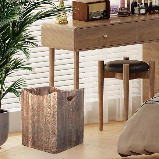 2 Pack Large Wooden Trash Can 9 Gal Curved Design Office Waste Basket, Square Farmhouse Garbage Can, Brown Vintage Wood Trash Can Storage Basket With Handles for Bedroom Office Living Room Decorative