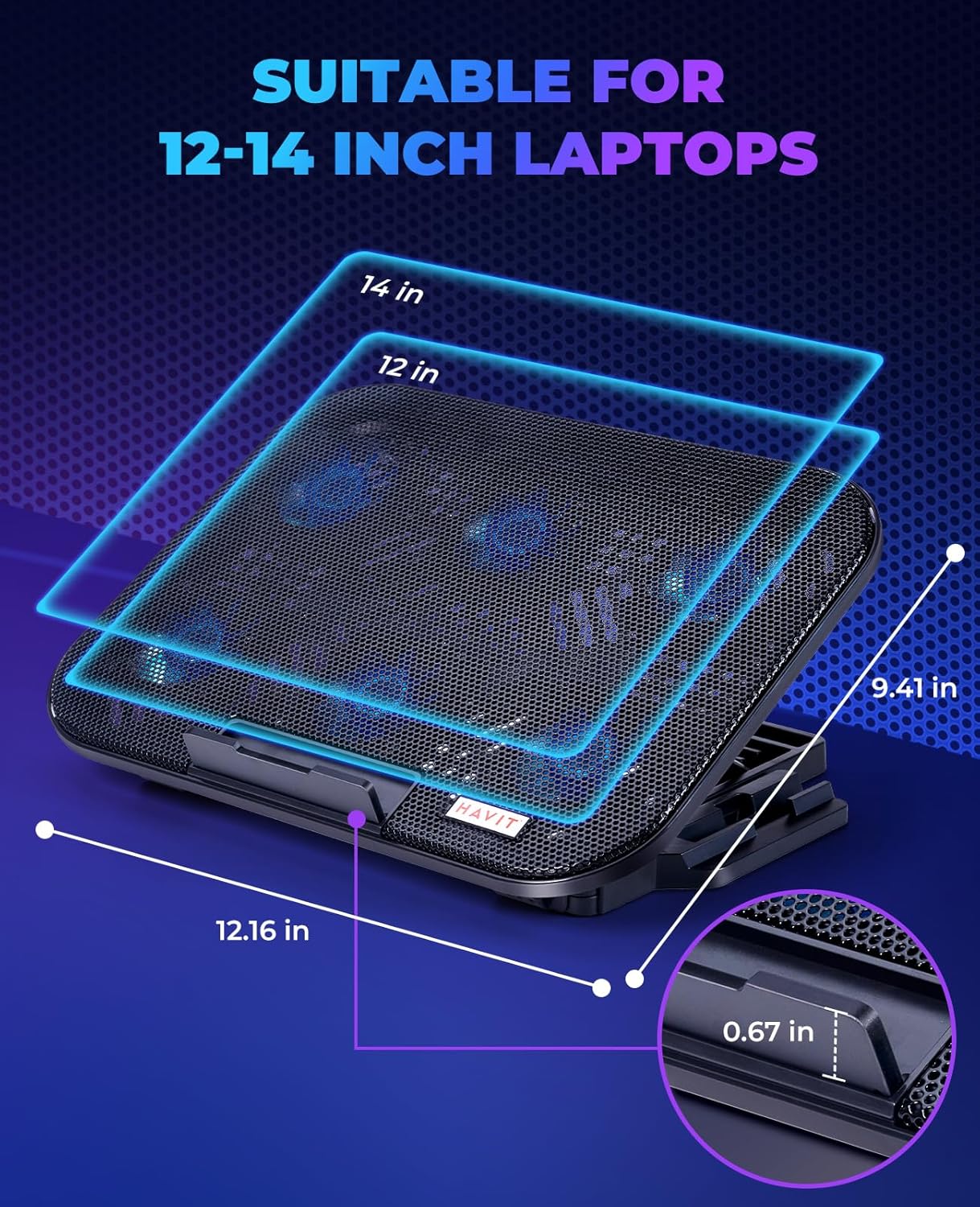 HAVIT Laptop Cooling Pad with 6 Quiet Fans and Adjustable Heights for 12-14.1 Inch Laptops, Dual USB Ports, Phone Holder, Efficient Cooling Stand for Heat Dissipation