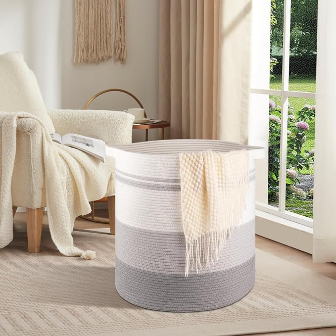 OIAHOMY 100L Laundry Hamper - Storage Basket with Handles, Decorative Woven Basket for Living Room, Toys Bin, Pillows, Blankets, Clothes - 19x21in - Gradient Gray