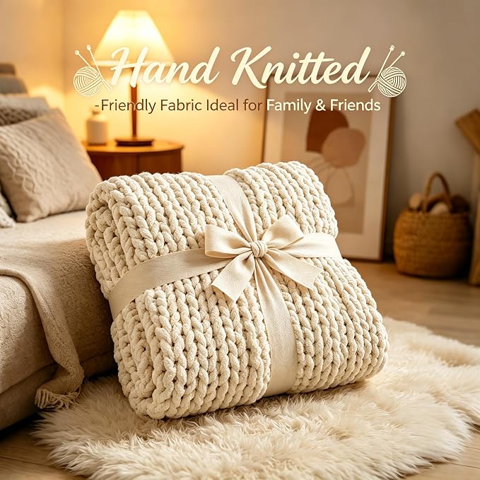 Admitrack Chunky Knit Blanket Throw, 100% Hand Knit Chenille Throw Blanket for Sofa & Home Decor, Soft and Cozy Knitted Throw Blankets (Ivory, 60"x80")