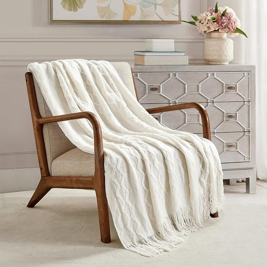 BOURINA Fluffy Chenille Knitted Fringe Throw Blanket Lightweight Soft Cozy for Bed Sofa Chair Throw Blankets, Off White 50" x 60"