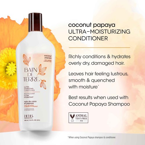 Bain de Terre Ultra Hydrating Shampoo and Conditioner Set & Shine Serum | Coconut Papaya | Hydrates Overly Dry | Damaged Hair | Paraben Free | Color-Safe | 33.8 Fl Oz