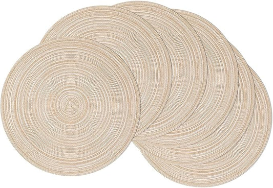 SHACOS 15 inch Round Placemats Set of 6, Cotton Polyester Woven Braided Place Mats, Washable Heat Resistant Non Slip Table Mats for Kitchen Dining Table (Beige, 6)
