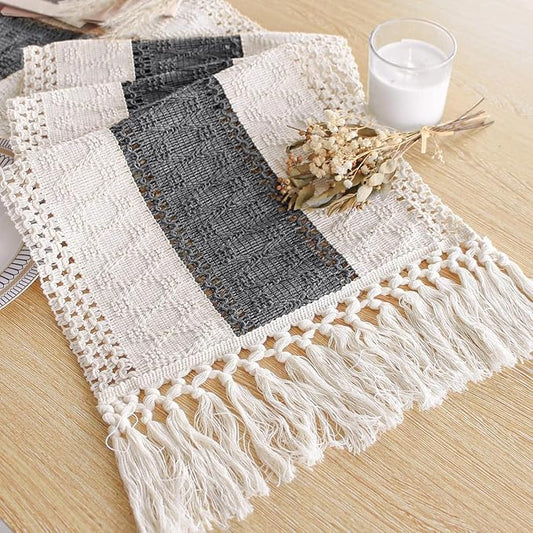 FEXIA Boho Table Runner for Summer Home Decor with Tassels 90 Inches Long Farmhouse Grey Rustic Burlap Table Runner Macrame Table Decoration for Kitchen Bedroom Living Room (12x90 Inches)